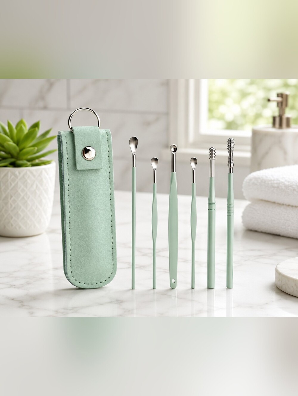 6 Pc Stainless Steel Ear Wax Removal Tool Kit w/ Mint Green Travel Case New